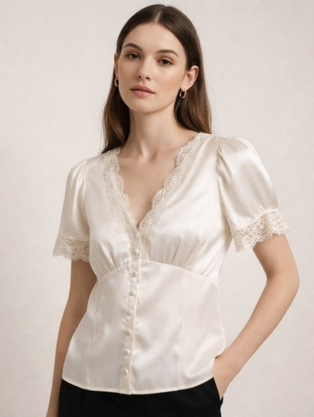 Joie Cream Satin Lace-Trim Button Blouse